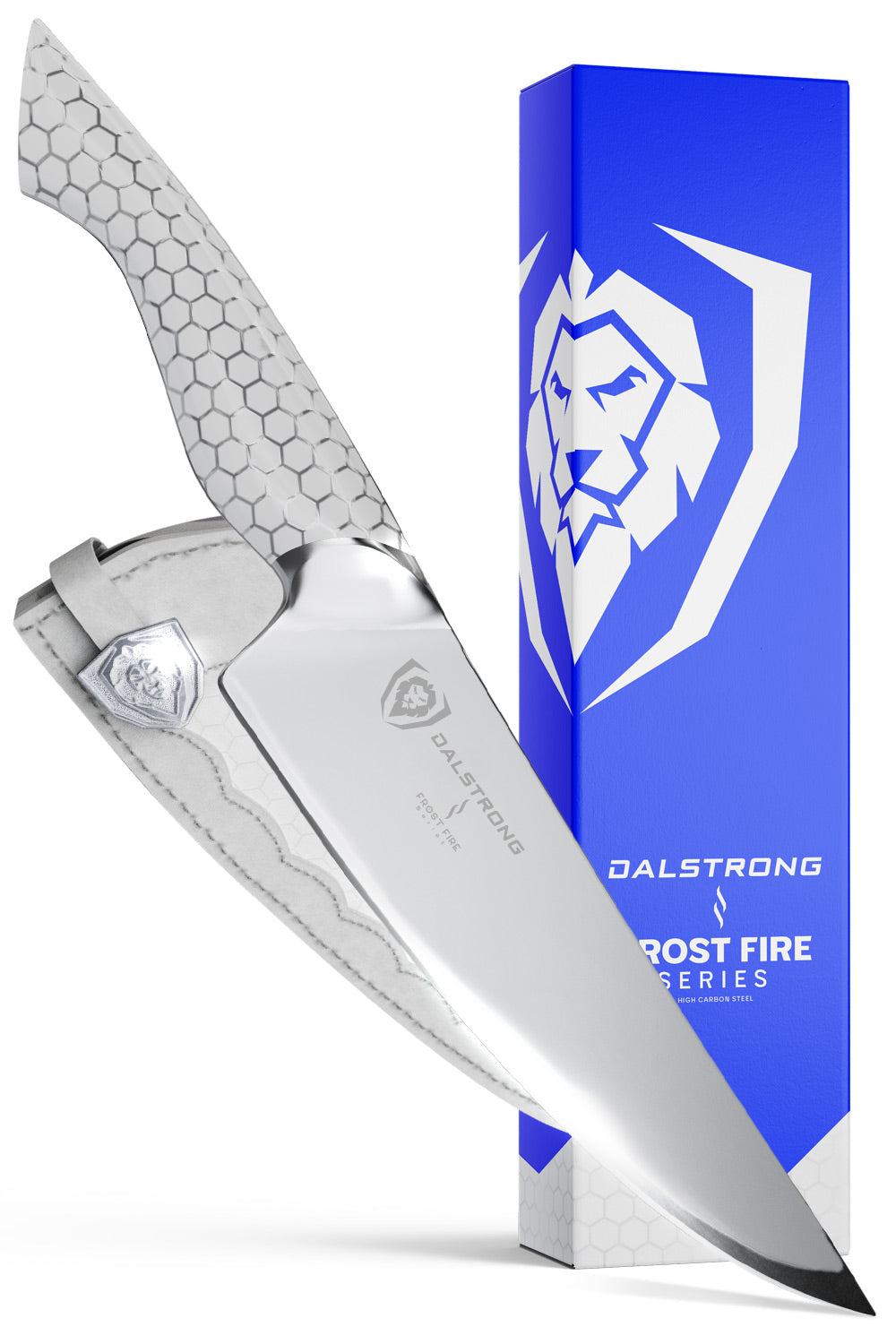Dalstrong frost fire series 8 inch chef knife in front of it's premium packaging.
