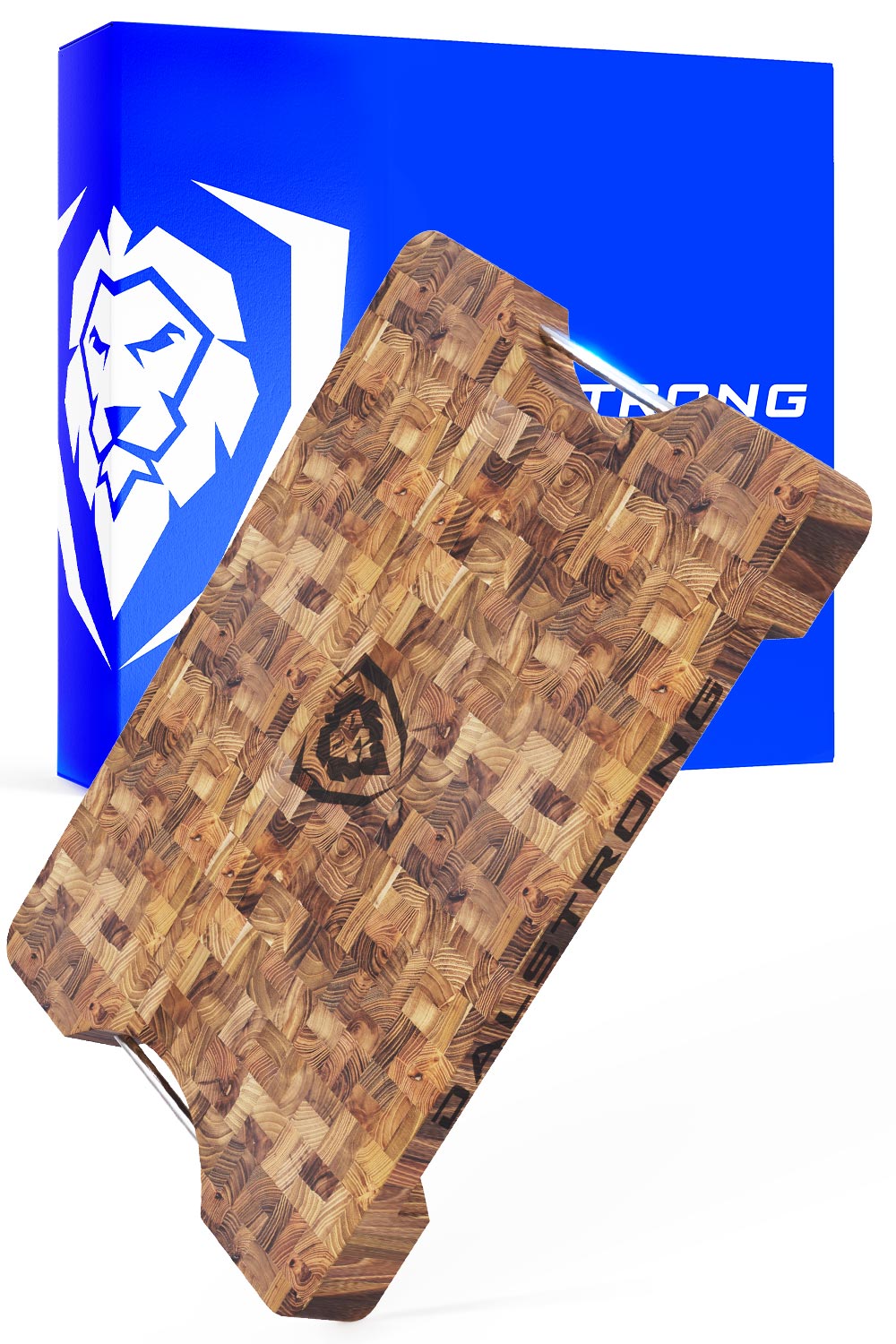 Dalstrong lionswood colossal teak cutting board in front of it's premium packaging.