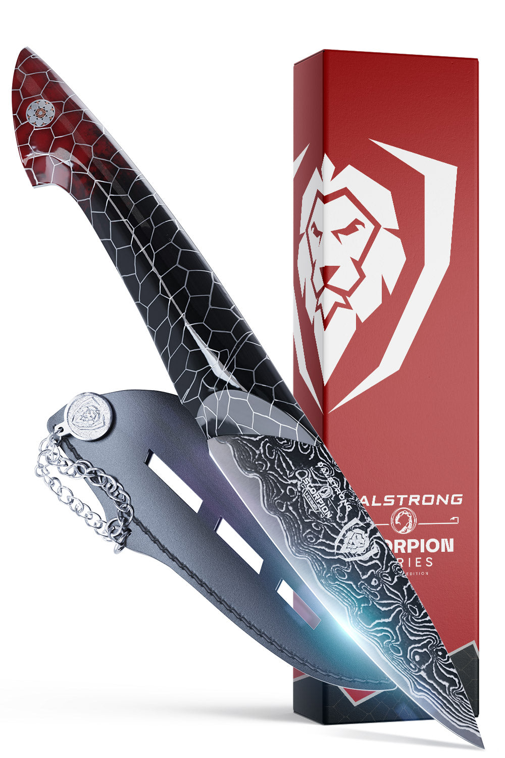 Dalstrong scorpion series 4 inch paring knife with red handle in front of it's premium packaging.