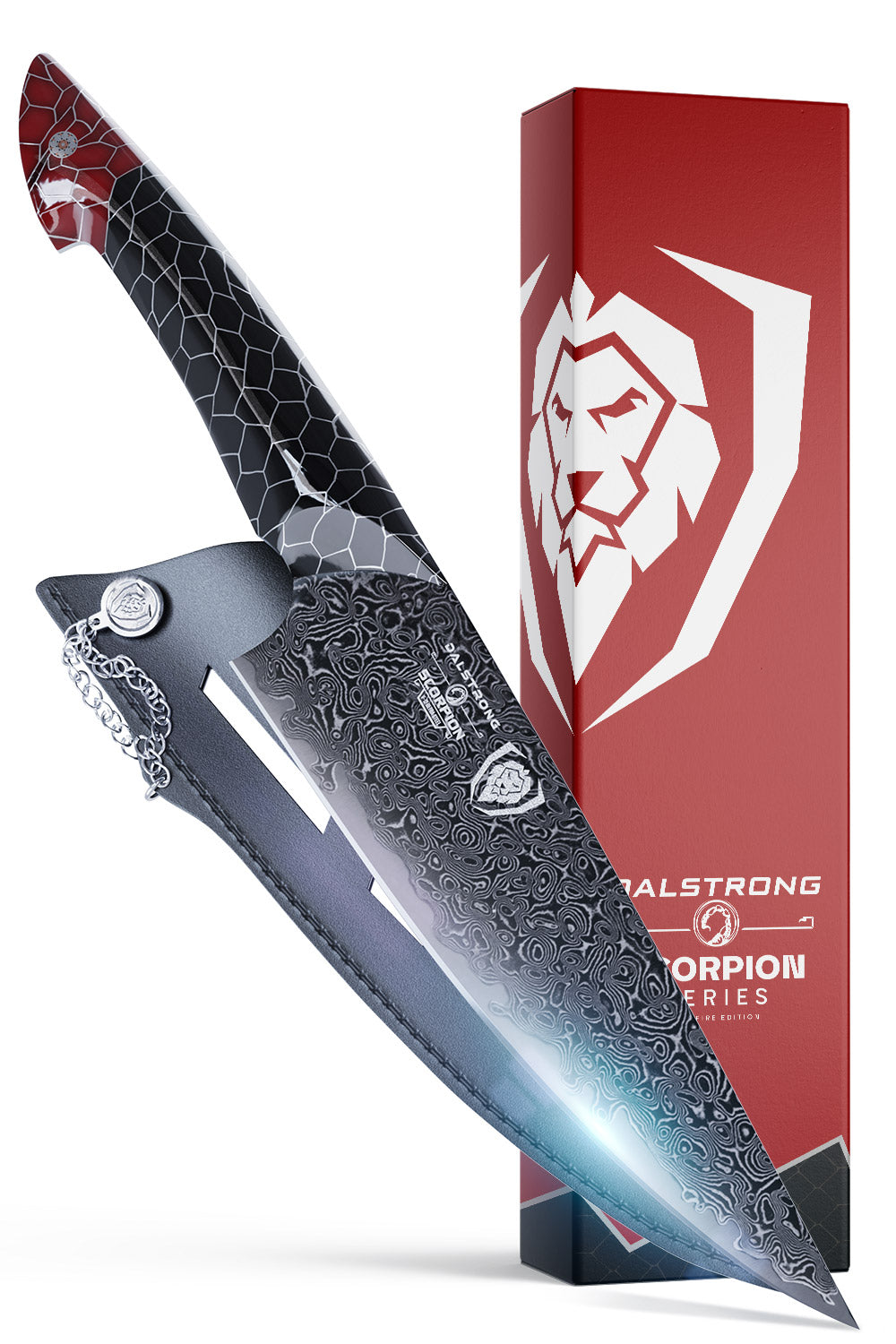 Dalstrong scorpion series 8 inch chef knife with red handle in front of it's premium packaging.