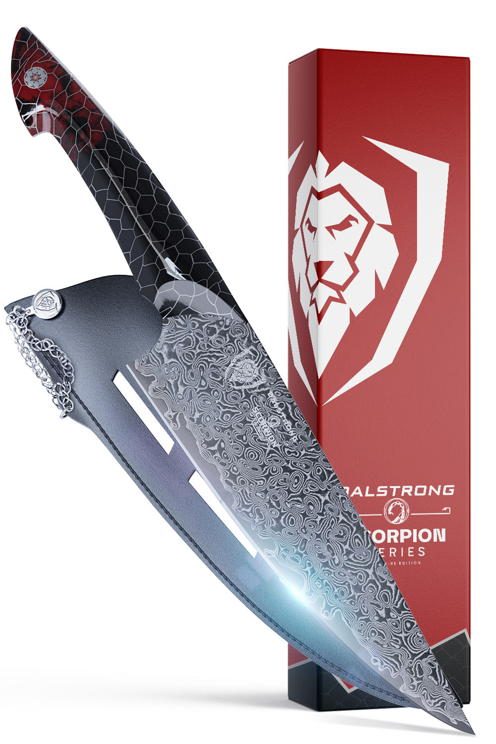 Dalstrong scorpion series 9.5 inch chef knife in front of it's premium packaging.