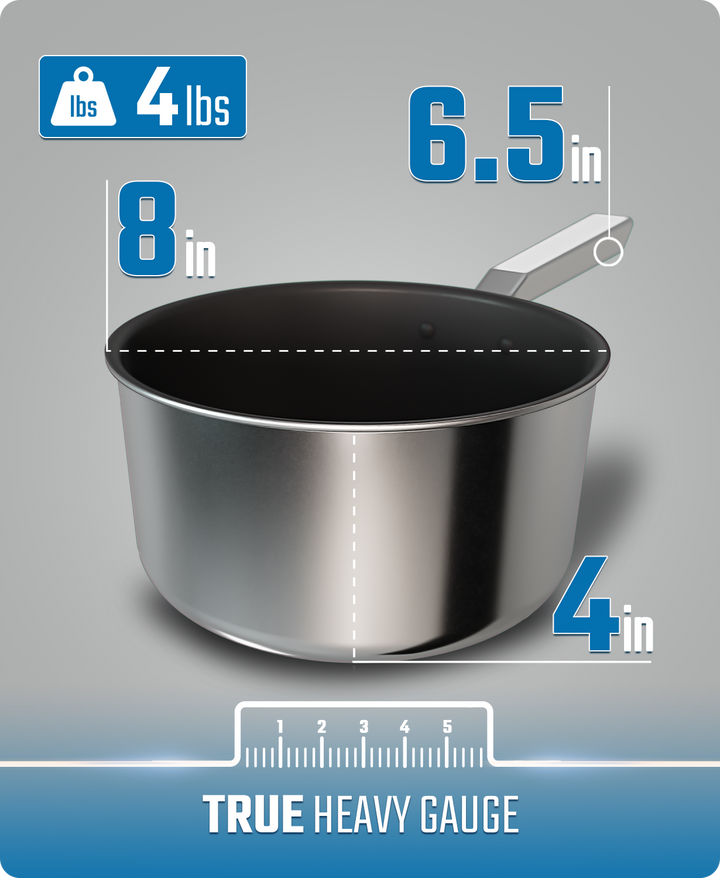 Dalstrong oberon series 3 quart stock pot eterna non-stick featuring it's measurements and gauge.