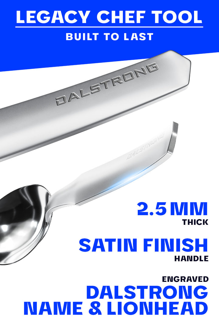 Dalstrong professional chef tasting and plating spoon showcasing it's satin finish handle and dalstrong name engraved on it.