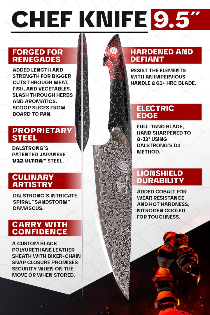 Dalstrong scorpion series 9.5 inch chef knife with red handle specification.
