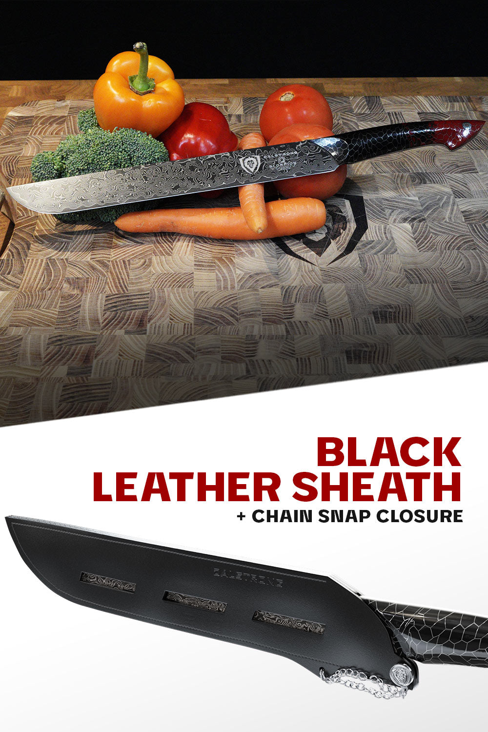 Dalstrong scorpion series 11 inch slicing knife with red handle featuring it's black leather sheath.