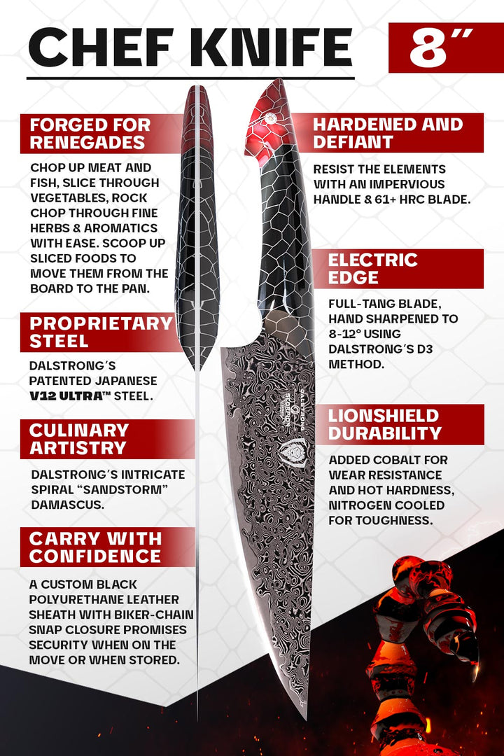 Dalstrong scorpion series 8 inch chef knife with red handle specification.