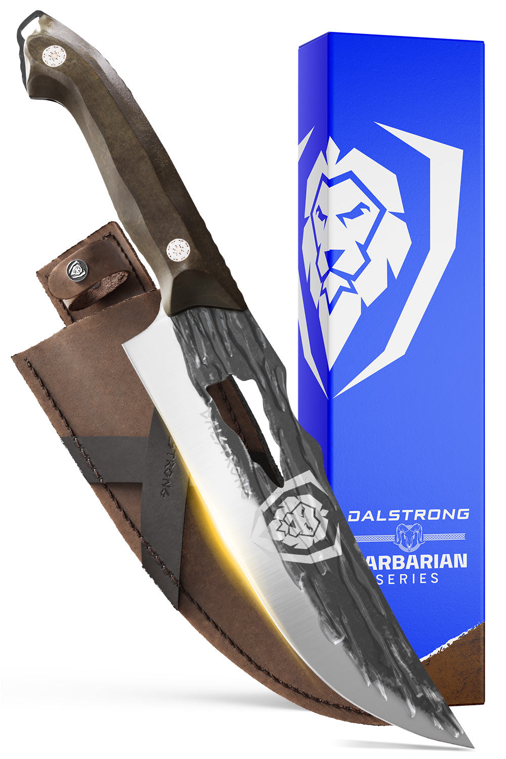 Dalstrong barbarian series 8 inch chef knife with wooden handle in front of it's premium packaging.