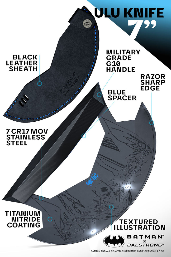Dalstrong shadow black series batman edition 7 inch ulu knife with sheath specification.
