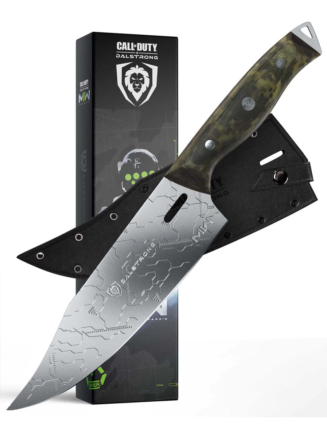 Dalstrong call of duty series 8 inch chef knife in front of it's premium packaging.
