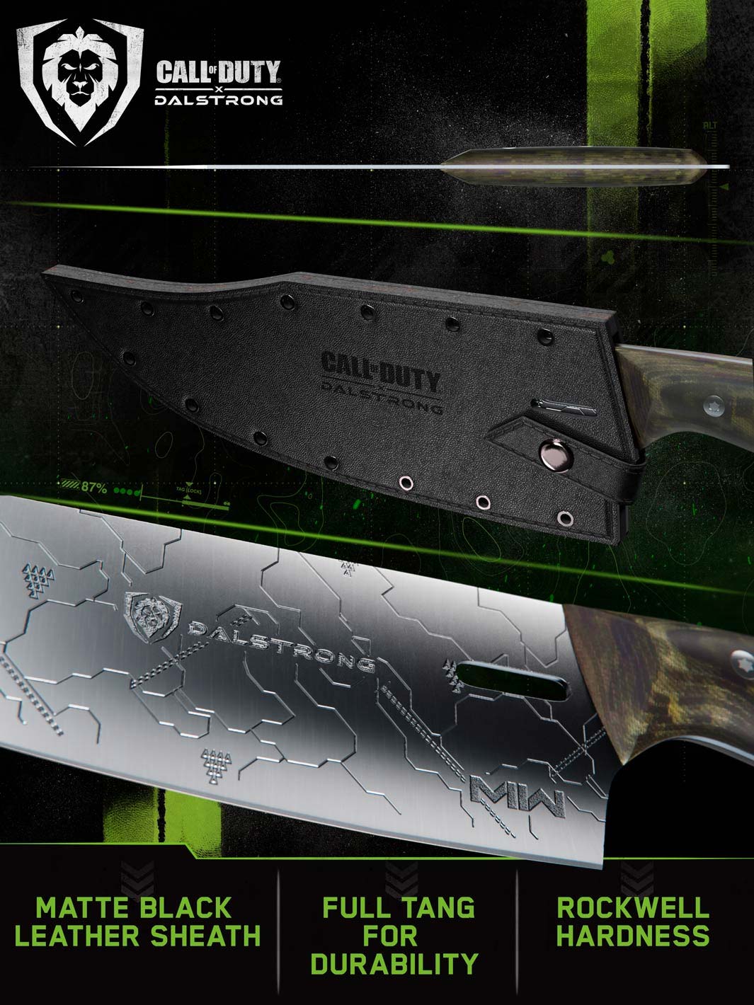 Dalstrong call of duty series 8 inch chef knife featuring it's blade and sheath.