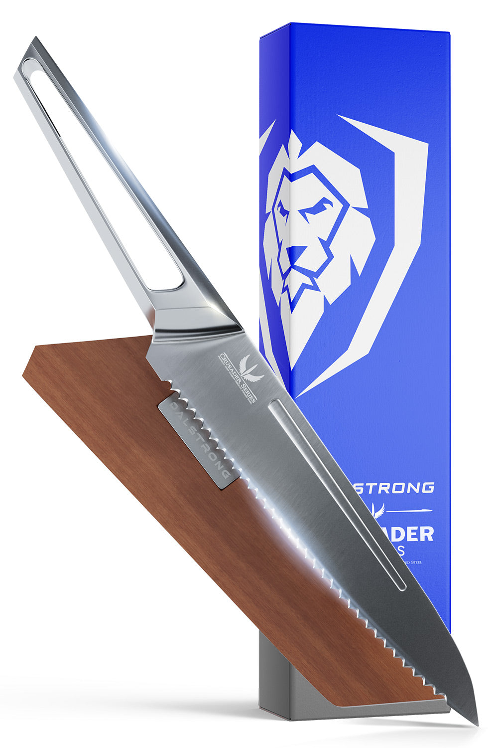 Dalstrong crusader series 5.5 inch serrated utility knife in front of it's premium packaging.