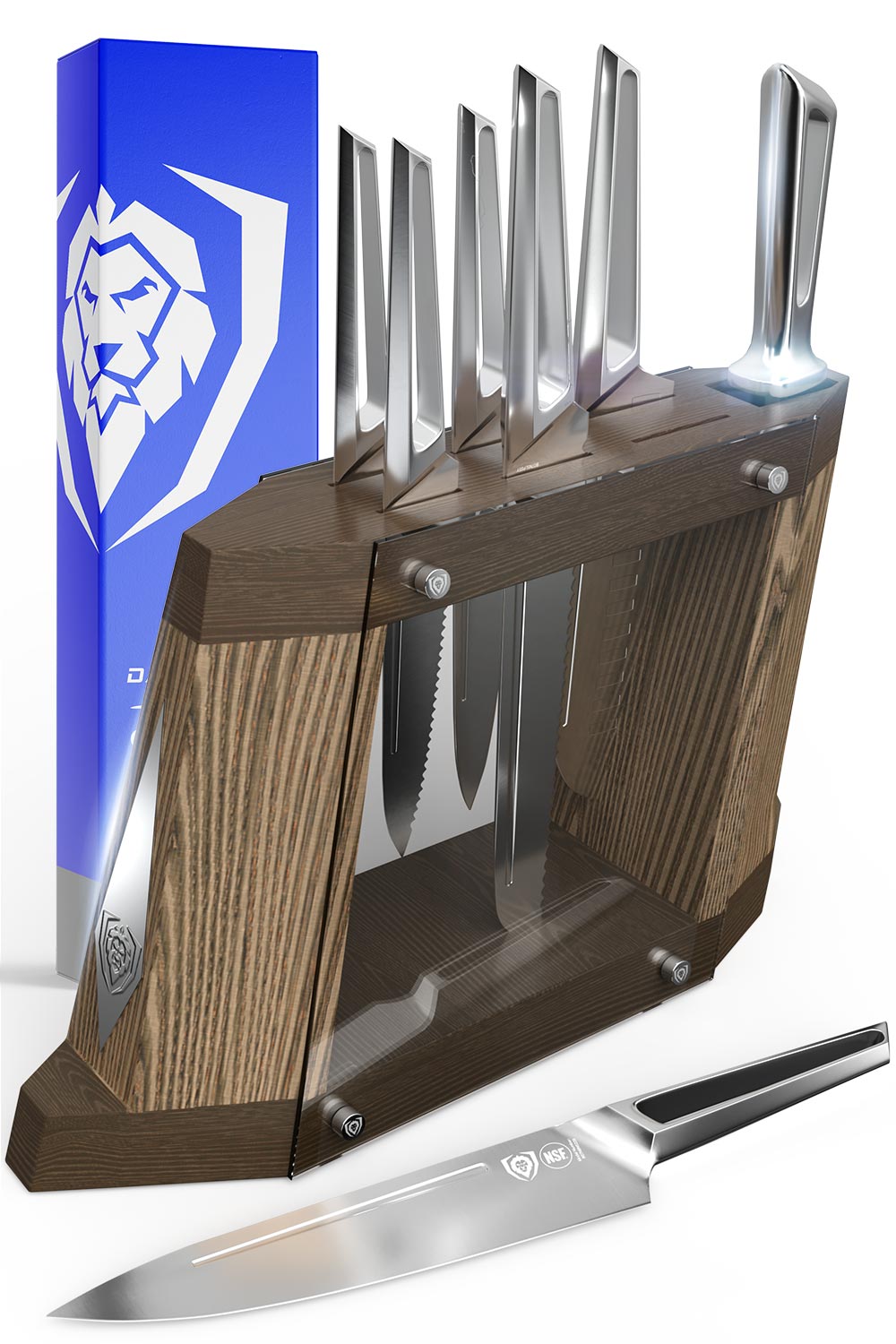 Dalstrong crusader series 8 piece knife block set in front of it's premium packaging.