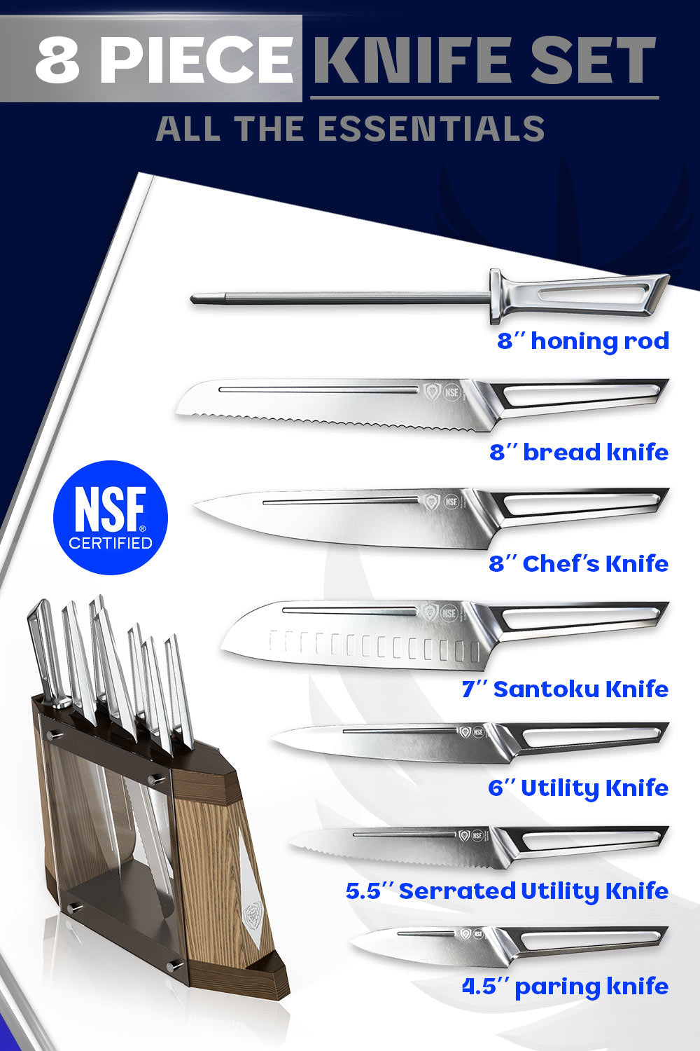 Dalstrong crusader series 8 piece knife block set featuring it's complete set of knives.
