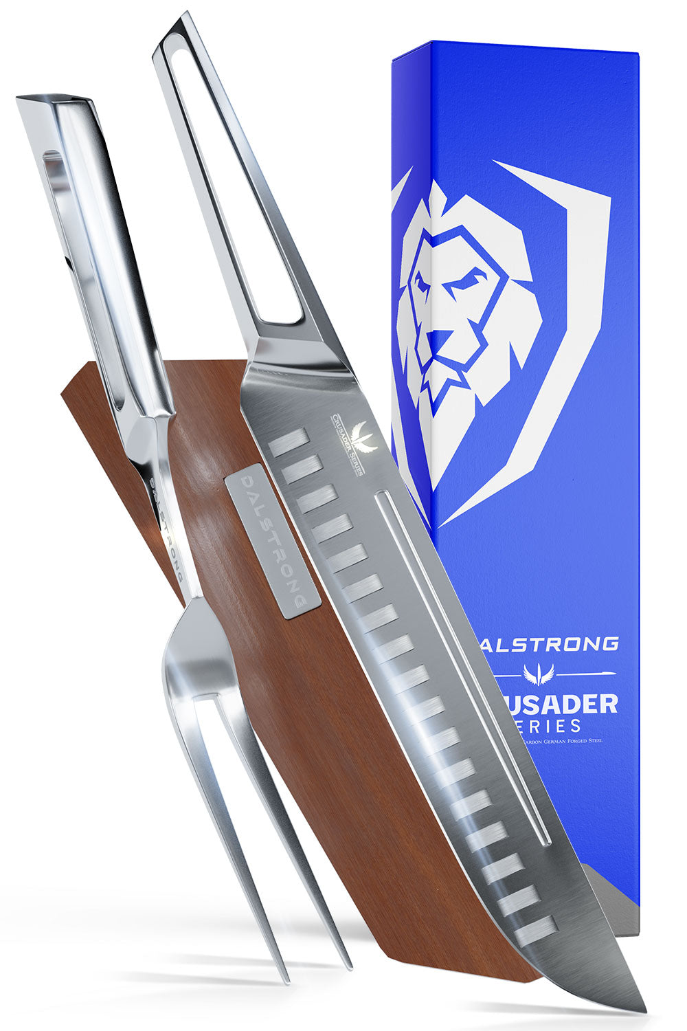 Dalstrong crusader series carving and fork set in front of it's premium packaging.