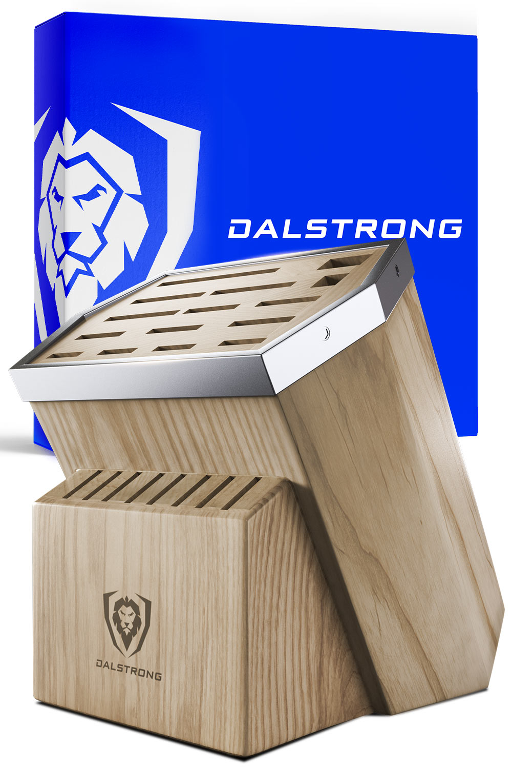 Dalstrong 23 slots universal knife block in front of it's premium packaging.