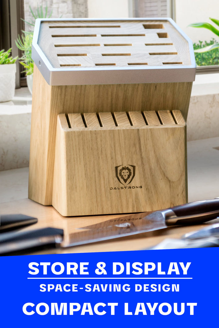Dalstrong 23 slots universal knife block featuring it's space-saving design.