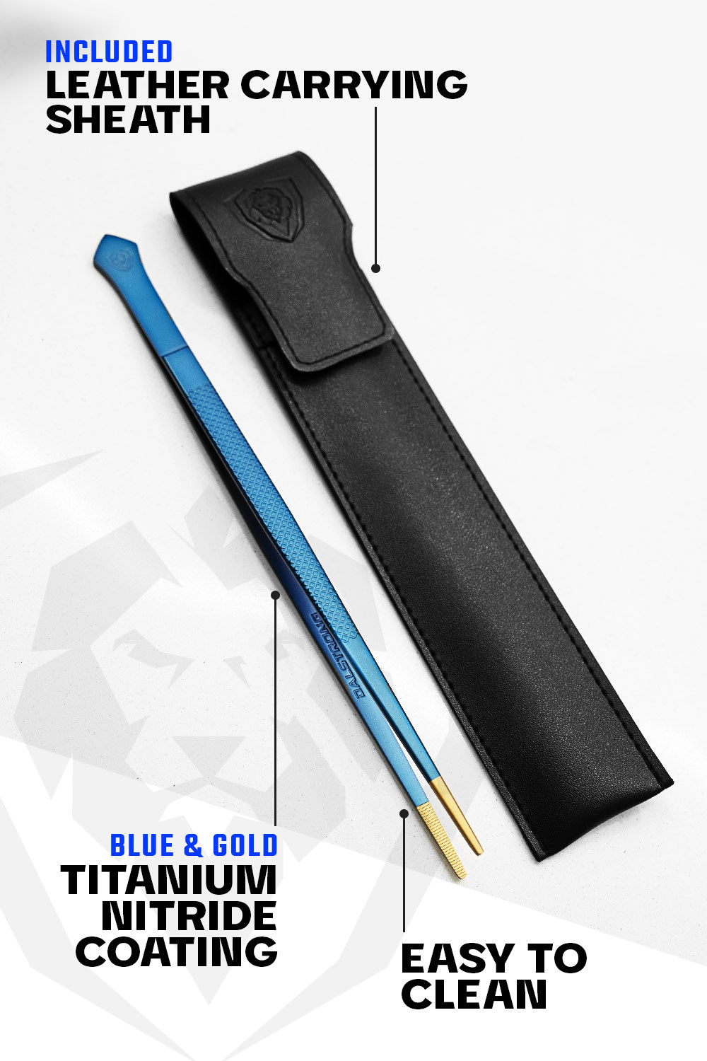 Dalstrong professional 10 inch plating tweezers showcasing it's leather carrying sheath.