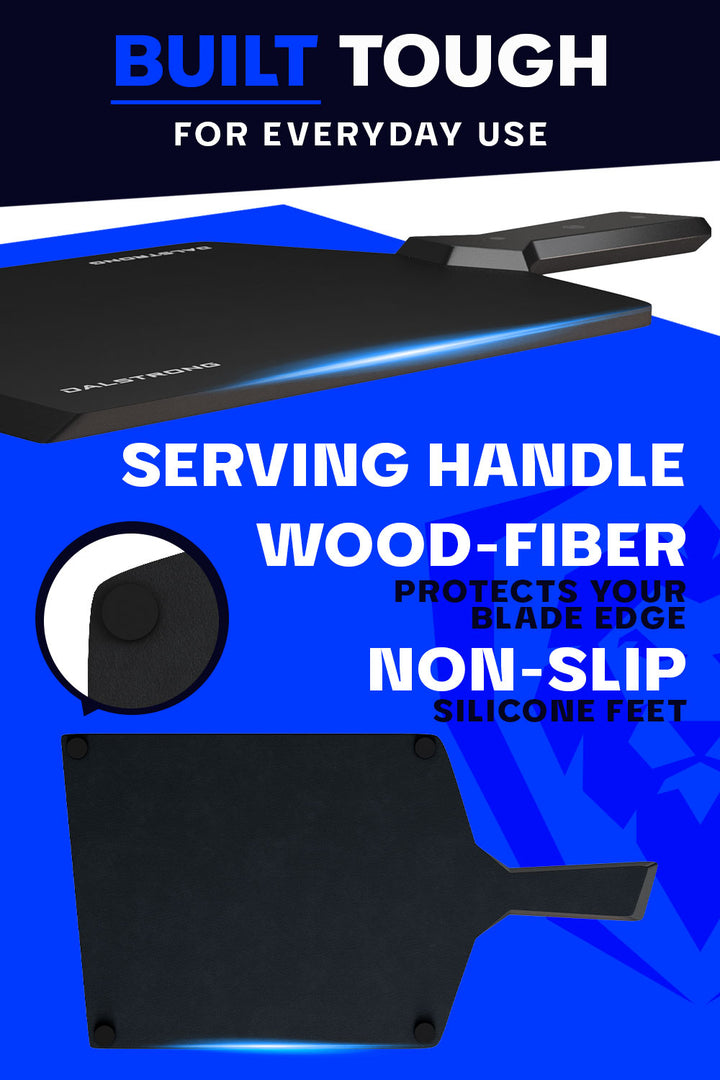 Dalstrong infinity series fibre cutting board showcasing it's durable wood-fiber board and handle.