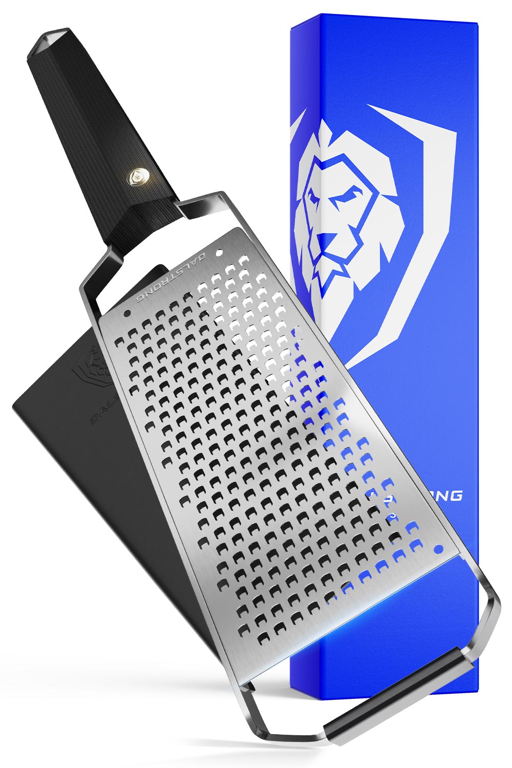 Dalstrong professional coarse wide cheese grater in front of it's premium packaging.