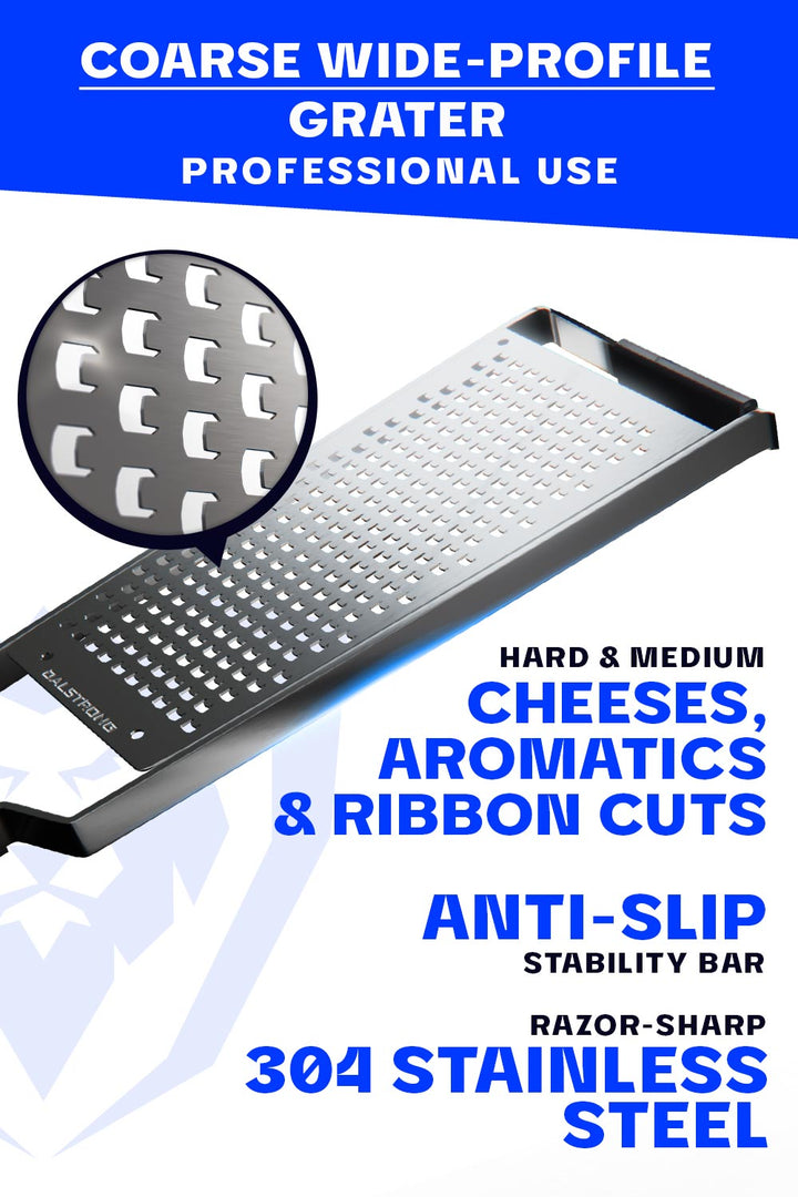 Dalstrong professional coarse wide cheese grater featuring it's non-slip handle and coarse wide grater.