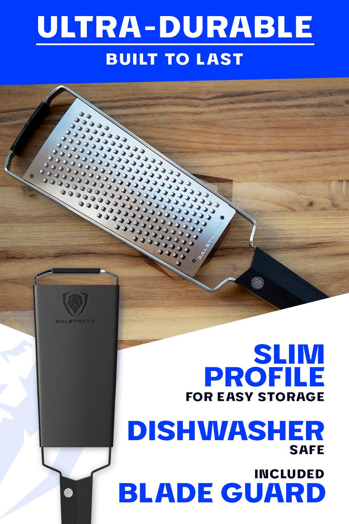 Dalstrong professional coarse wide cheese grater showcasing it's ultra durable and slim design.