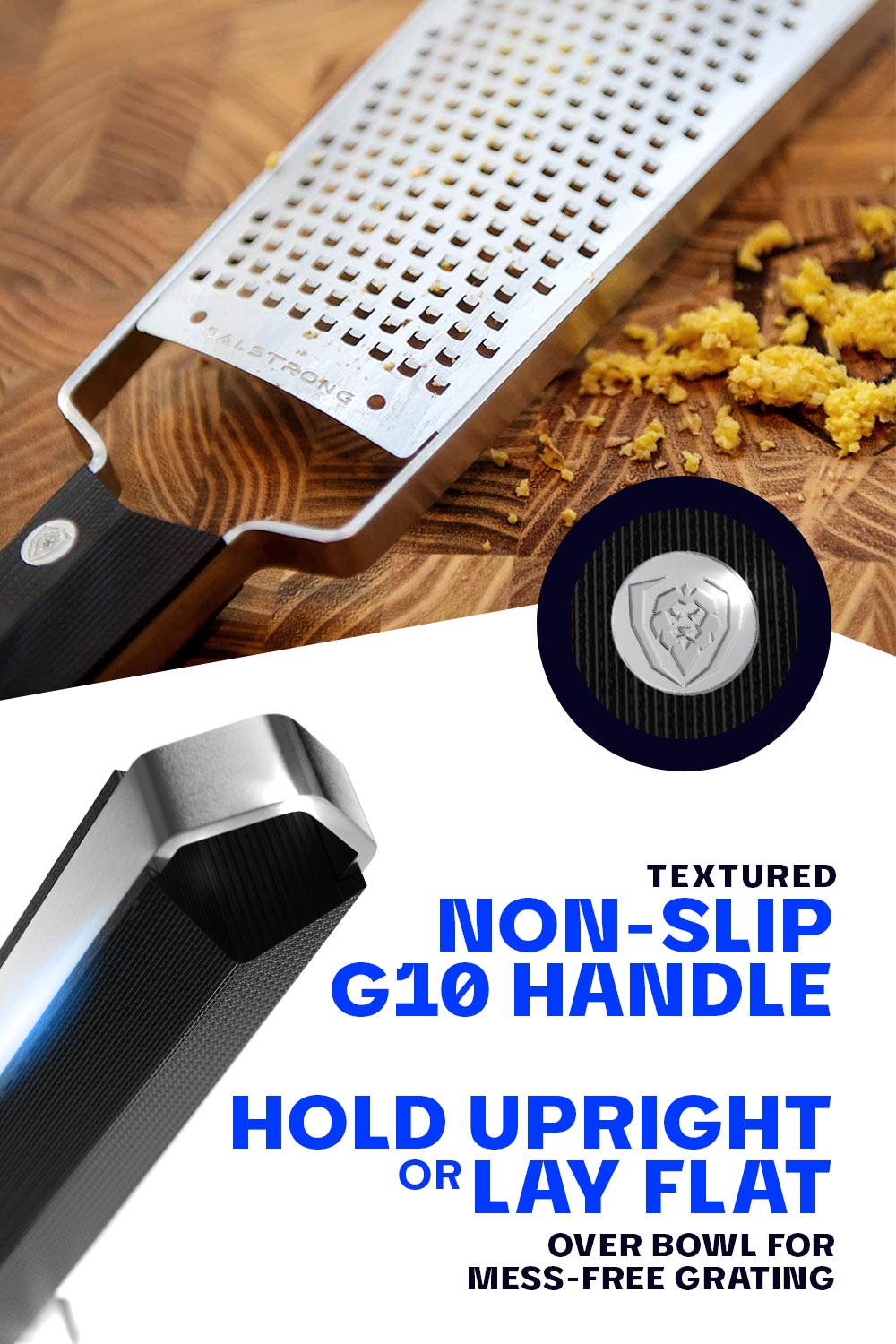 Dalstrong professional coarse wide cheese grater showcasing it's non-slip G10 handle.