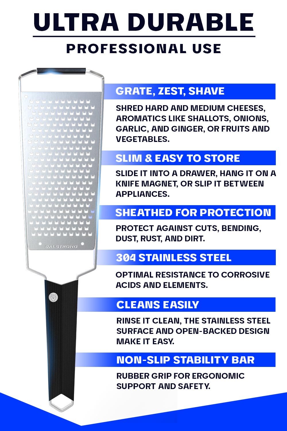 Dalstrong professional coarse wide cheese grater with black handle specification.