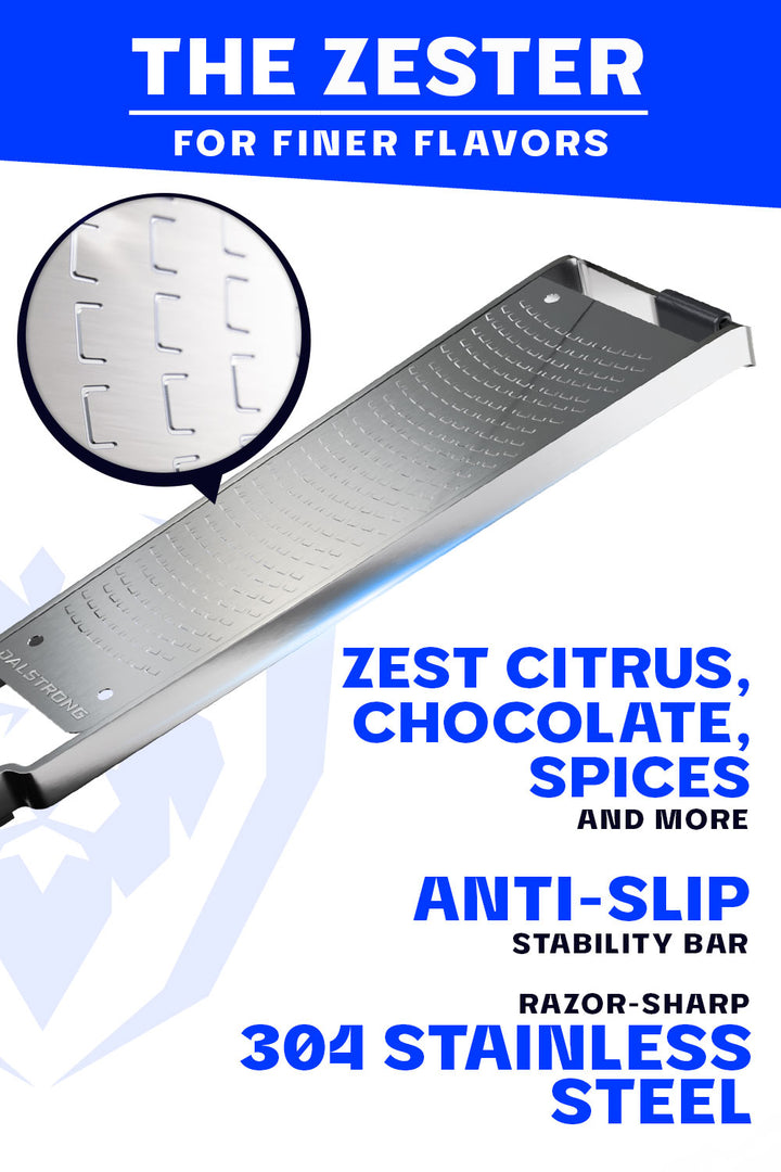 Dalstrong professional zester narrow grater in front of it's premium packaging featuring it's stainless steel zester.
