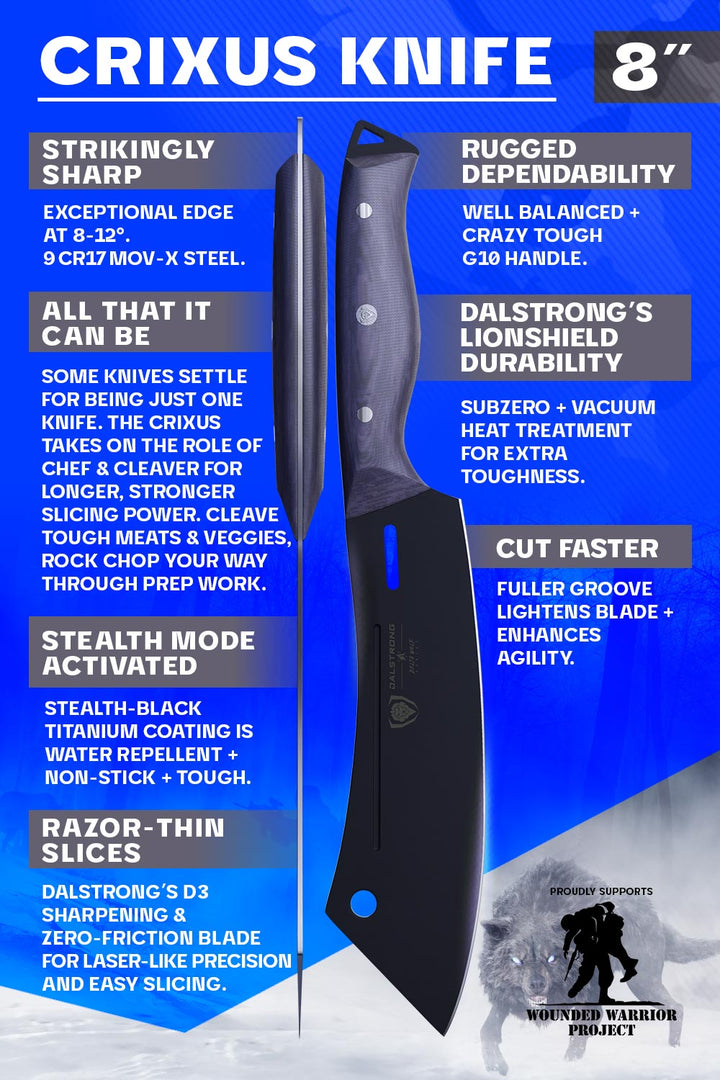 Dalstrong delta wolf series 8 inch crixus cleaver knife with black blade specification.