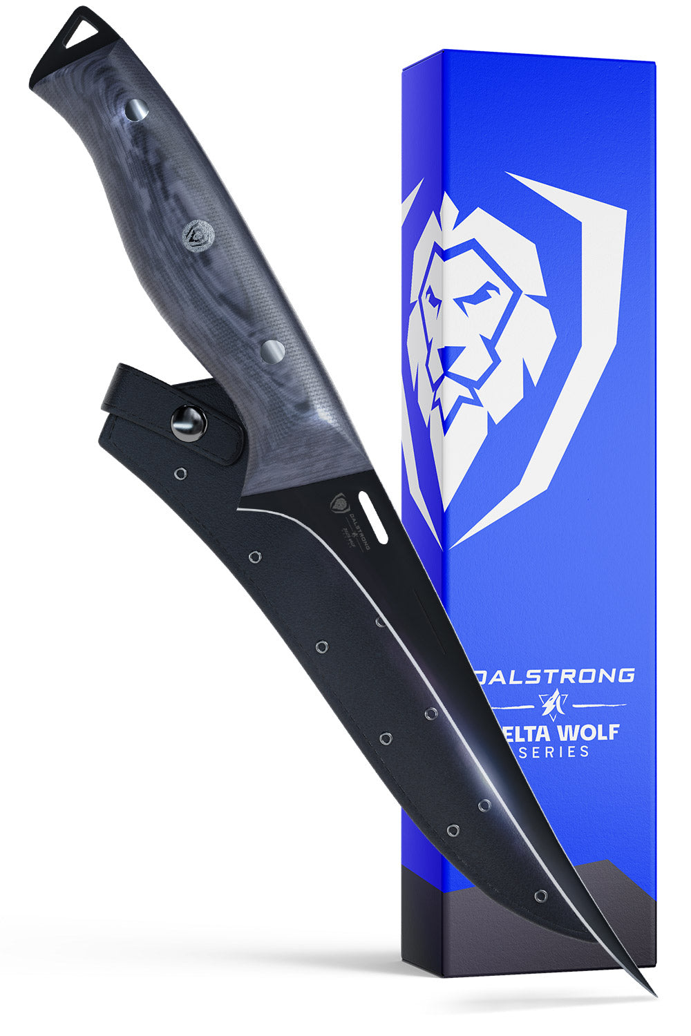 Dalstrong delta wolf series 6 inch fillet knife with black blade in front of it's premium packaging.