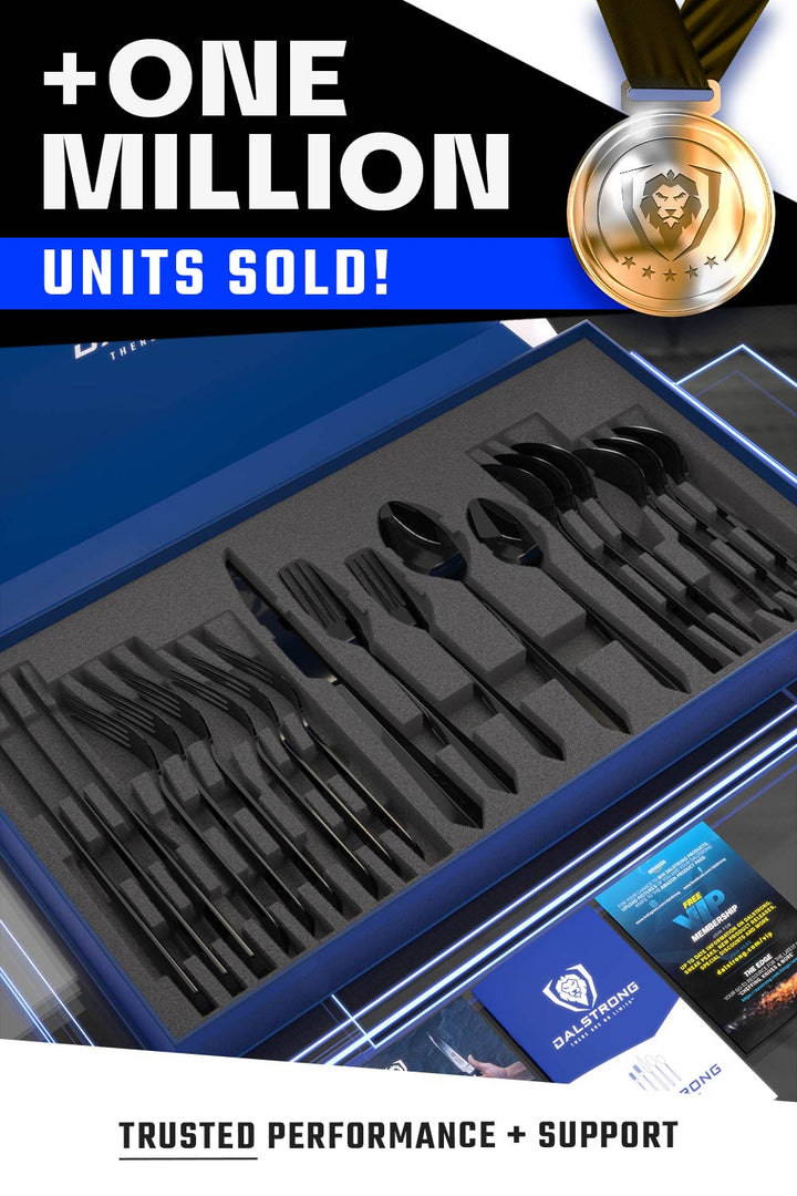 Dalstrong 20 piece flatware cutlery set black stainless steel service of 4 inside it's premium packaging.