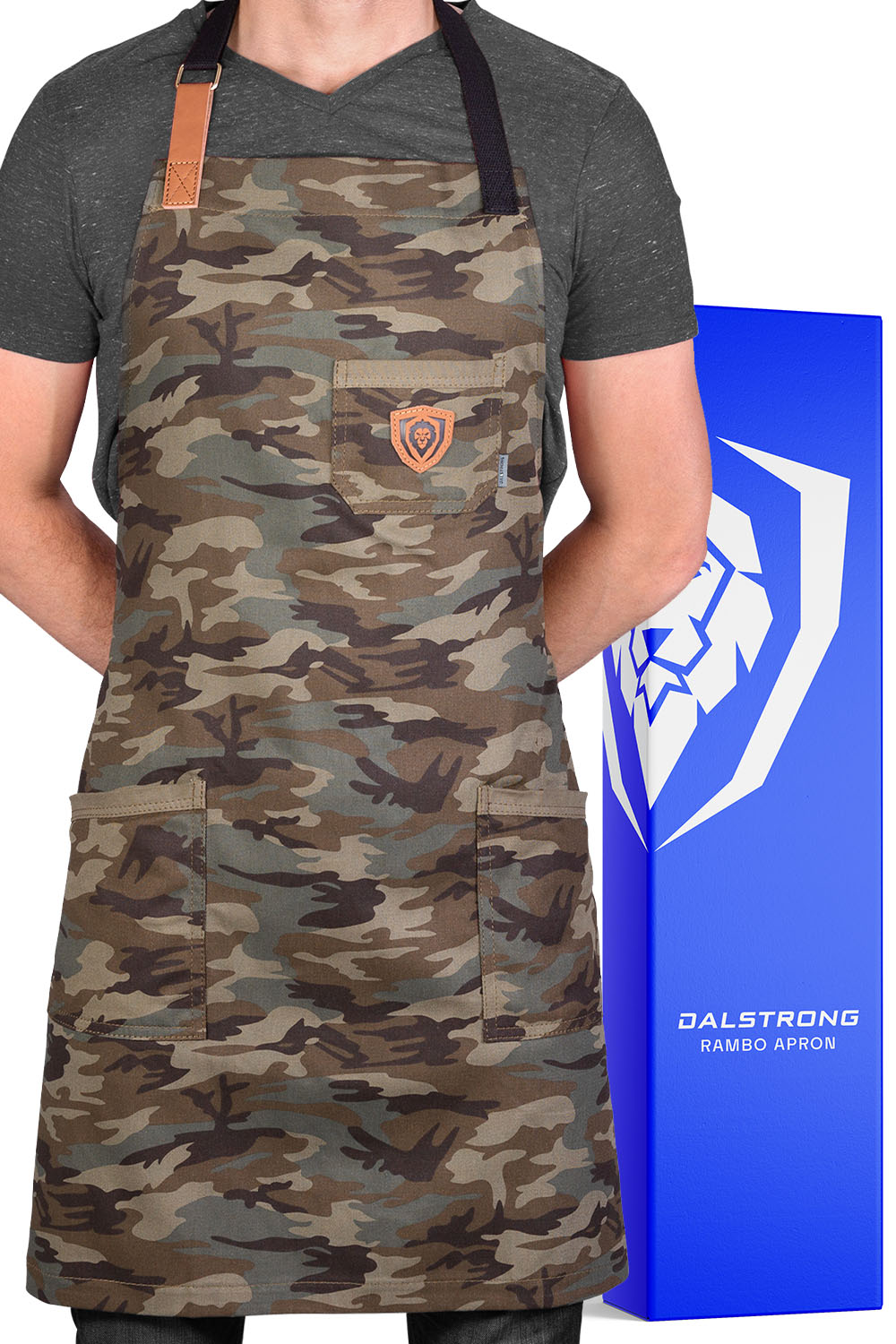 Dalstrong the kitchen rambo professional chef's kitchen apron in front of it's premium packaging.
