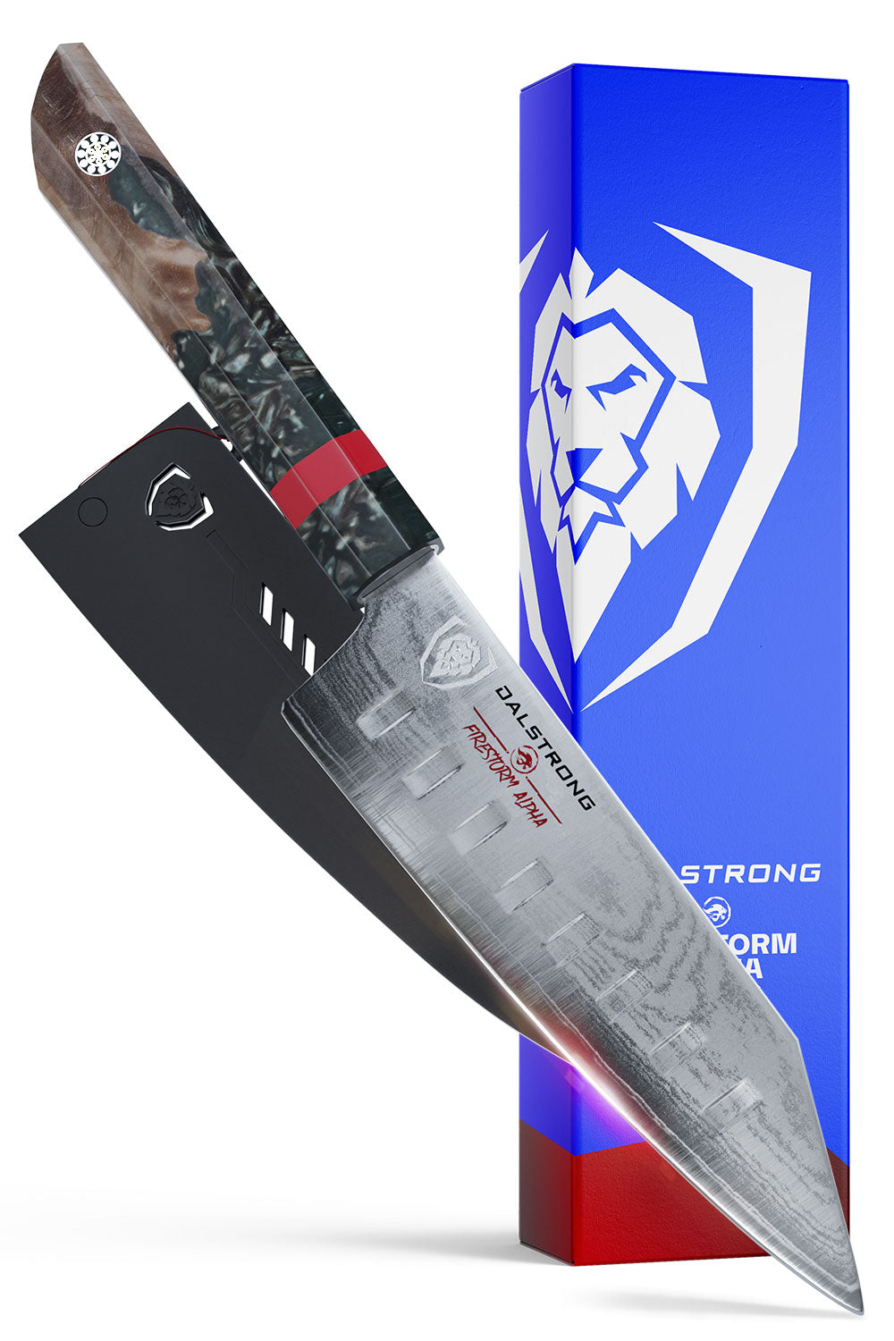 Dalstrong firestorm alpha series 7 inch santoku knife in front of it's premium packaging.