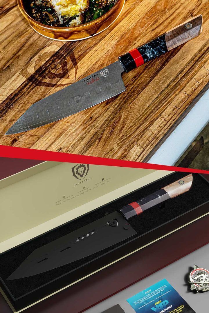 Dalstrong firestorm alpha series 7 inch santoku knife with wooden handle inside it's premium packaging.