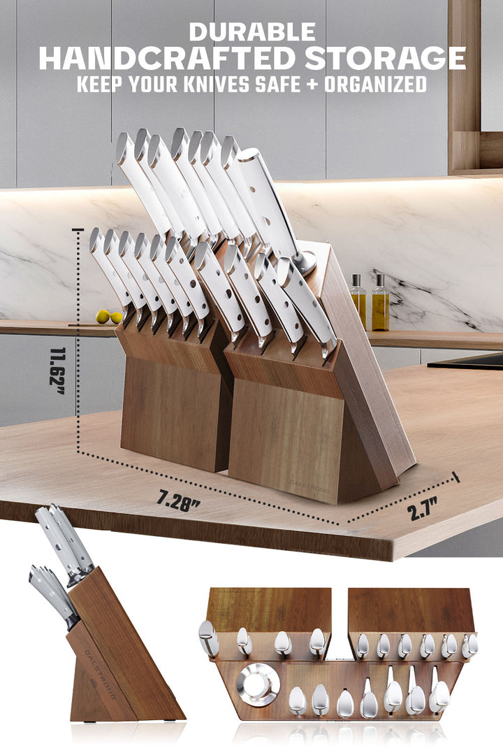 Dalstrong gladiator series 18 piece knife set with white handles showcasing it's durable handcrafted block.