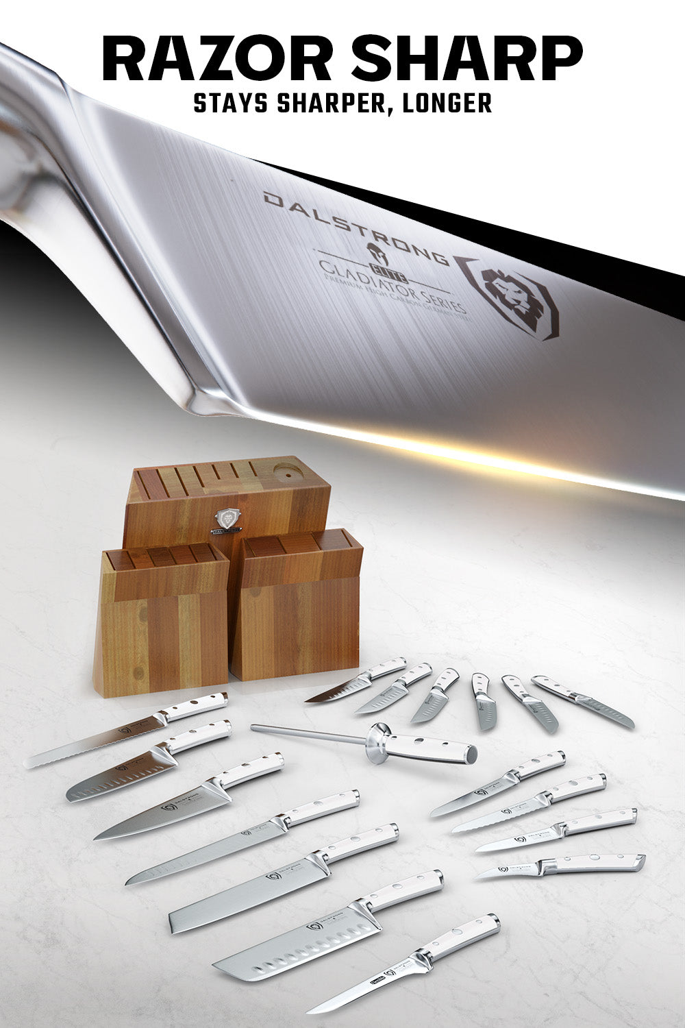 Dalstrong gladiator series 18 piece knife set with white handles and block featuring it's razor sharp blade.