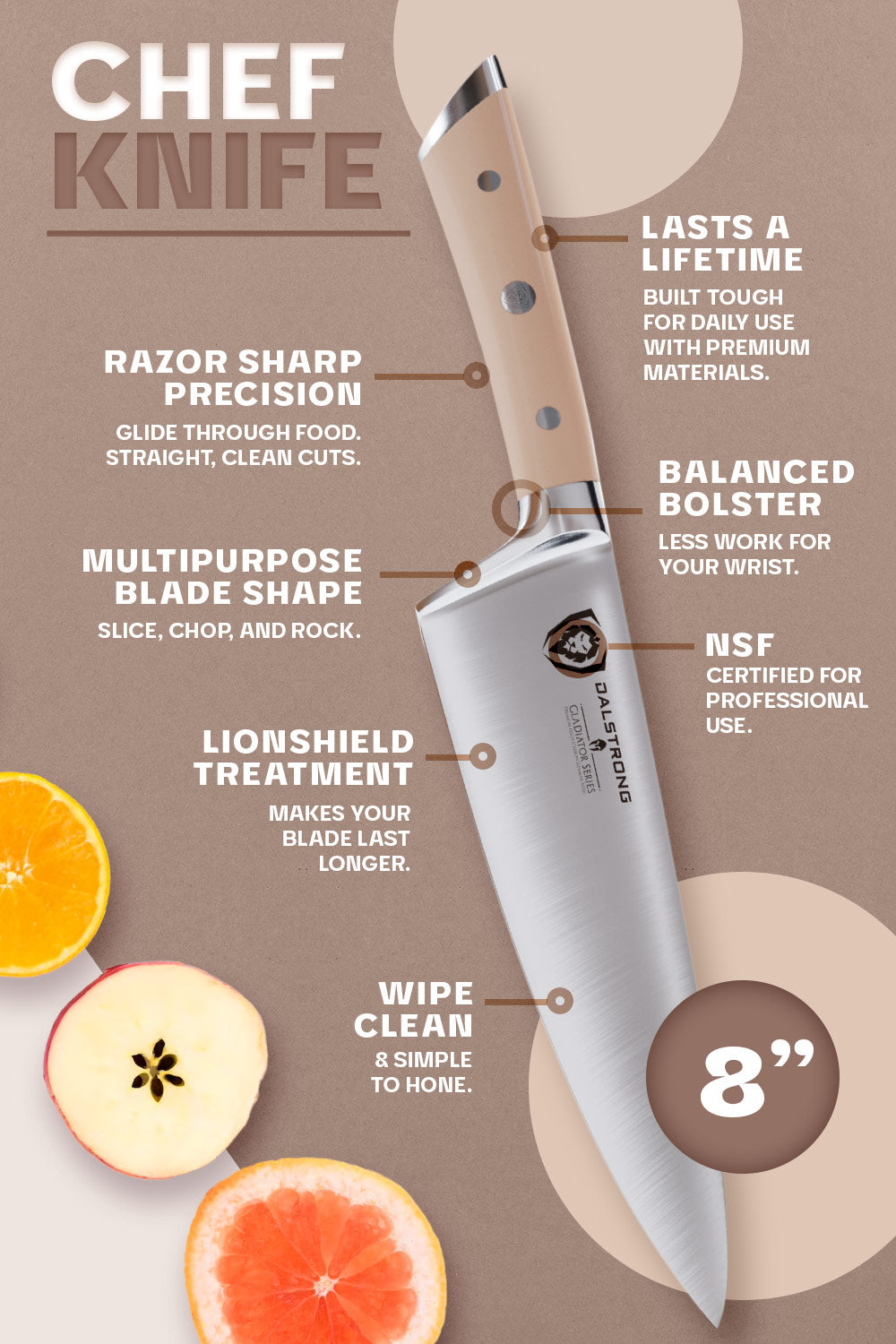Dalstrong gladiator series 8 inch chef knife with peach handle specification.