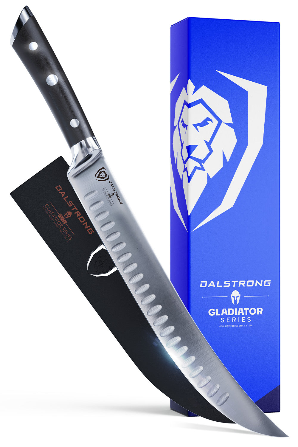 Dalstrong gladiator series 10 inch butcher knife with black handle in front of it's premium packaging.