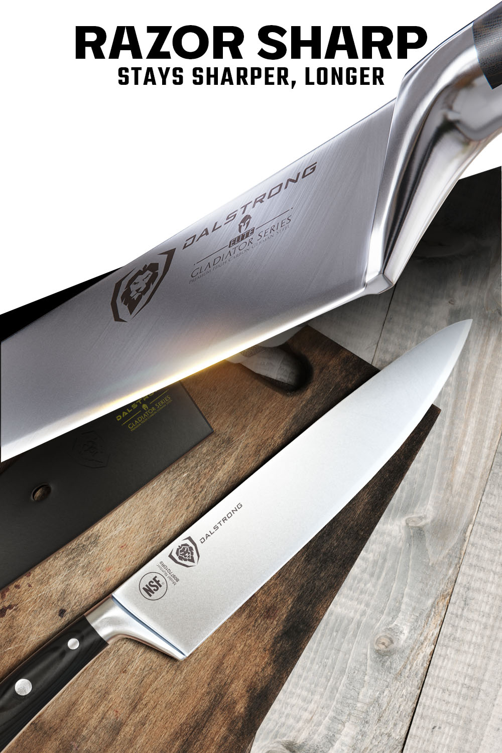 Dalstrong gladiator series 10 inch chef knife with black handle featuring it's razor sharp blade.