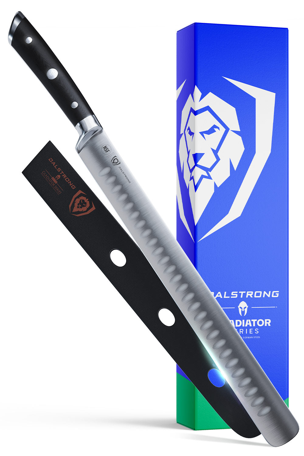 Dalstrong gladiator series 12 inch slicer knife with black handle in front of it's premium packaging.