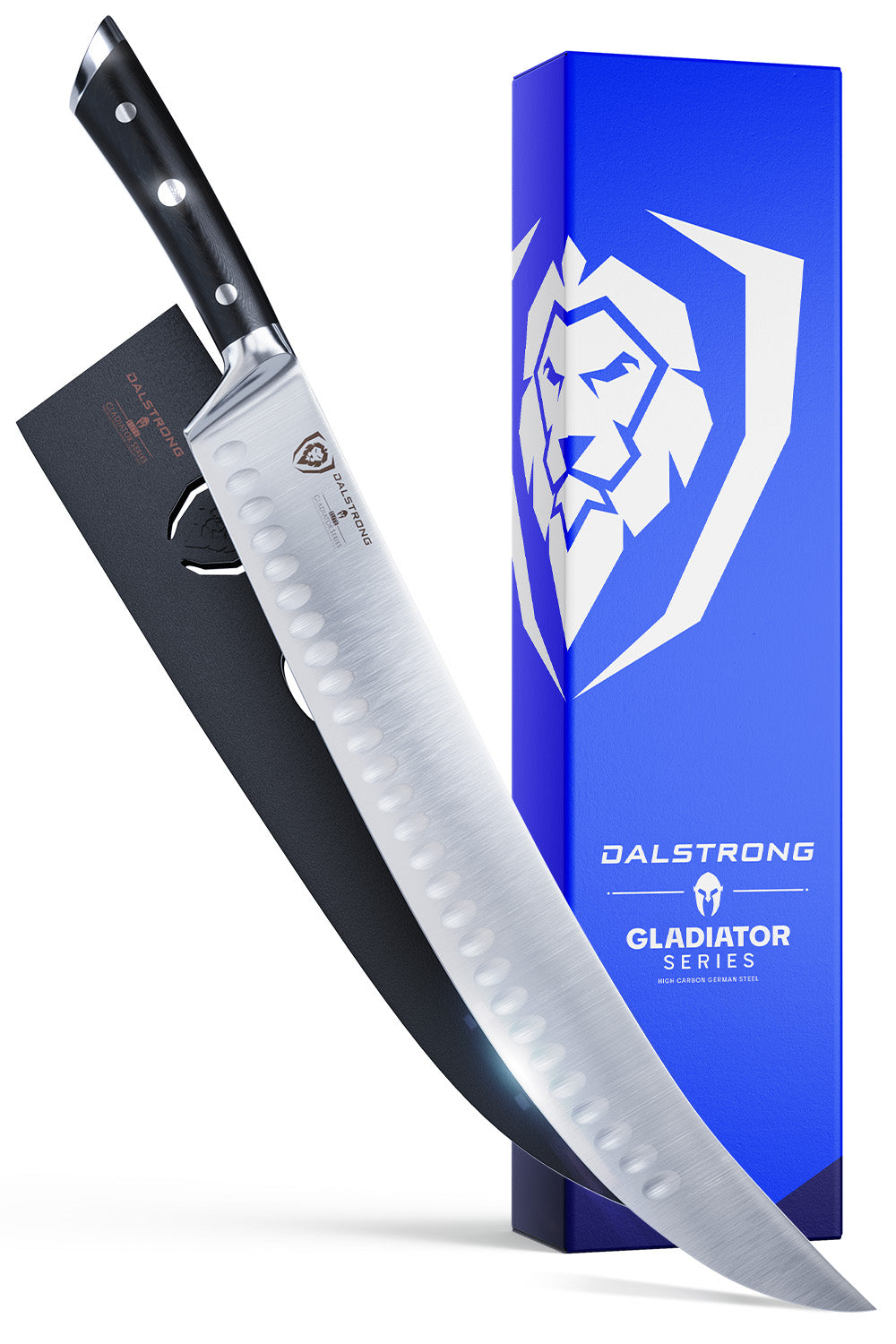 Dalstrong gladiator series 14 inch butcher knife with black handle in front of it's premium packaging.