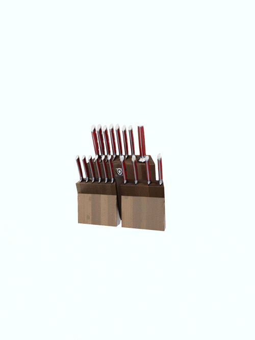 Dalstrong gladiator series 18 piece knife set with red handles and block in all angle.