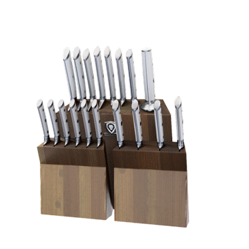 Dalstrong gladiator series 18 piece knife set with white handles and block in all angle.