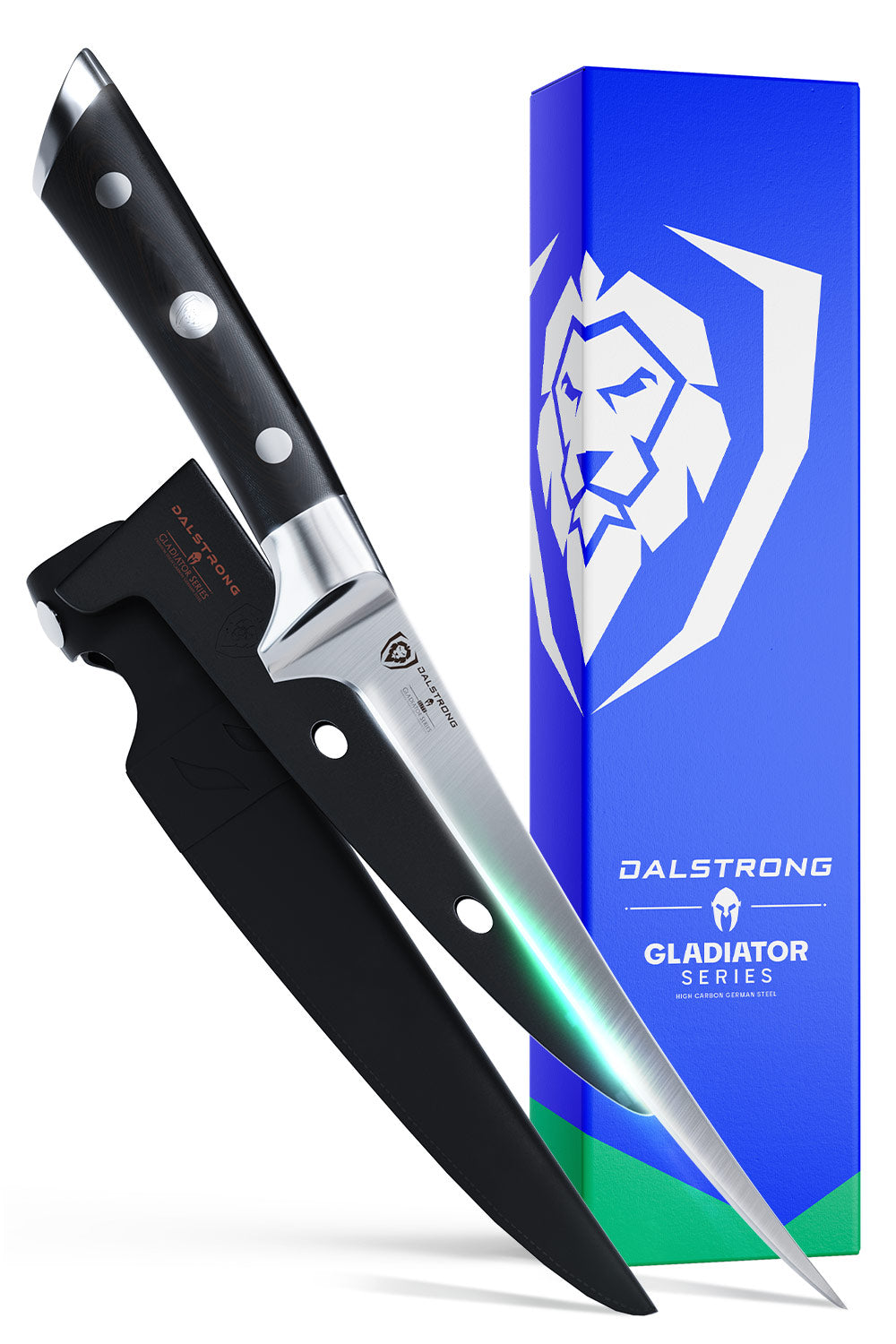 Dalstrong gladiator series 7 inch fillet knife with black handle in front of it's premium packaging.