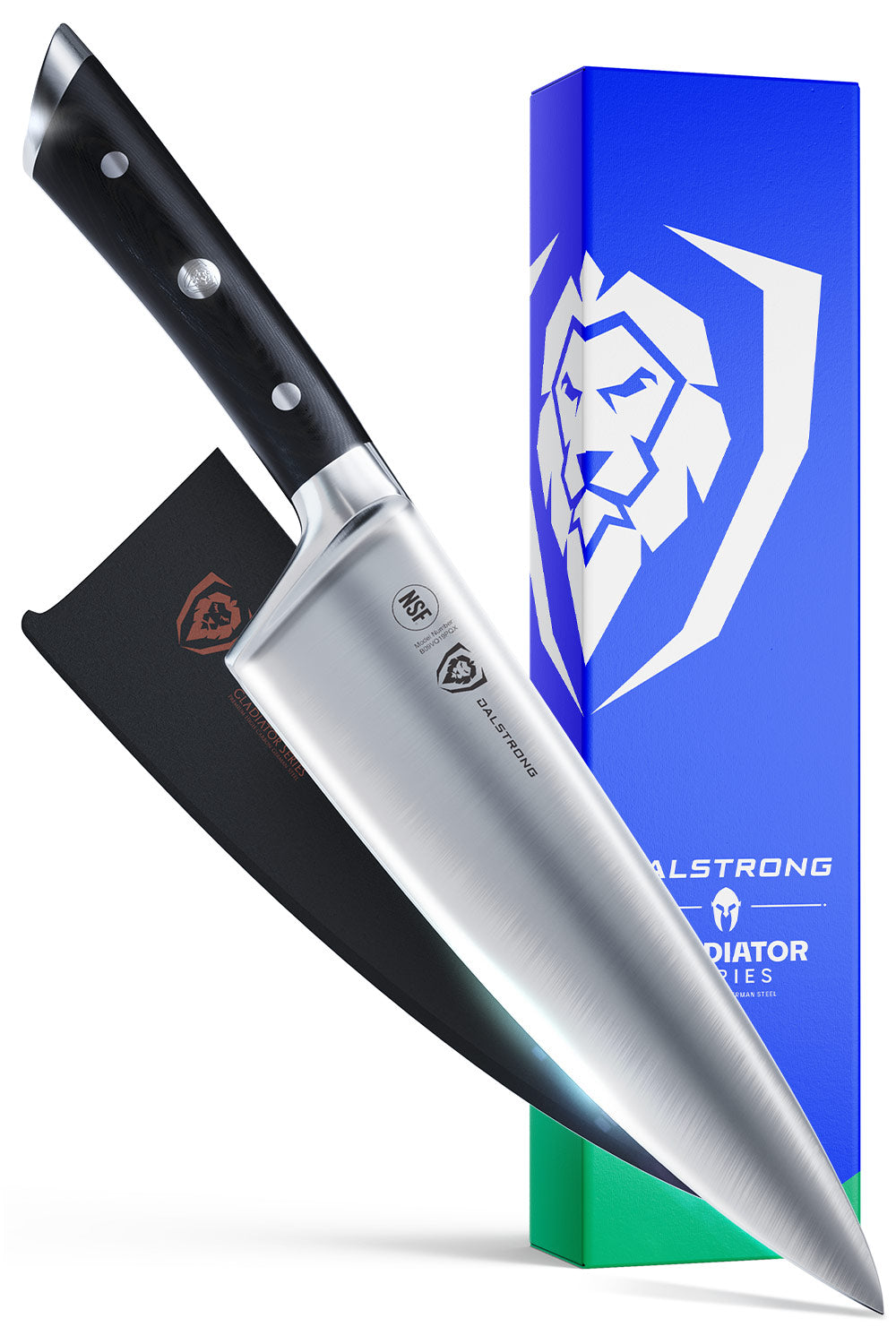 Dalstrong gladiator series 8 inch chef knife with black handle in front of it's premium packaging.