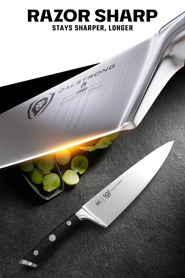 Dalstrong gladiator series 8 inch chef knife with black handle featuring it's sharpness.