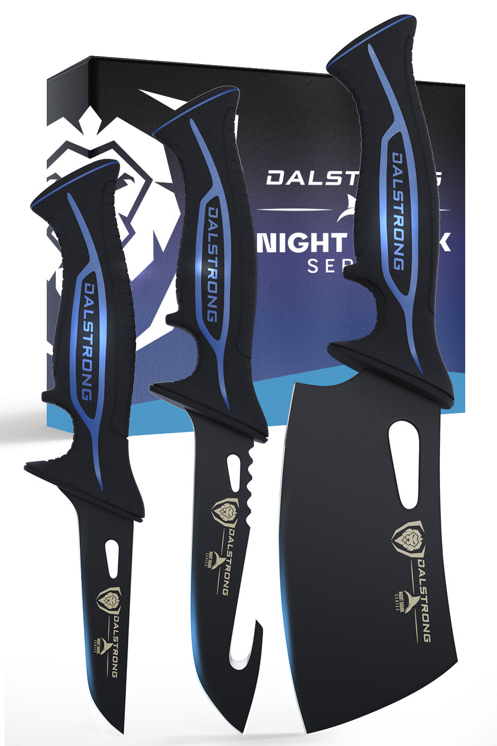 Dalstrong night shark series 3 piece knife set in front of it's premium packaging.