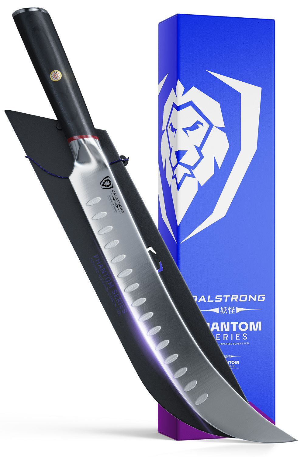 Dalstrong phantom series 10 inch butcher knife with pakka wood handle in front of it's premium packaging.