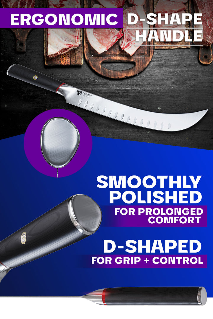 Dalstrong phantom series 10 inch butcher knife featuring it's ergonomic d-shape pakka wood handle.