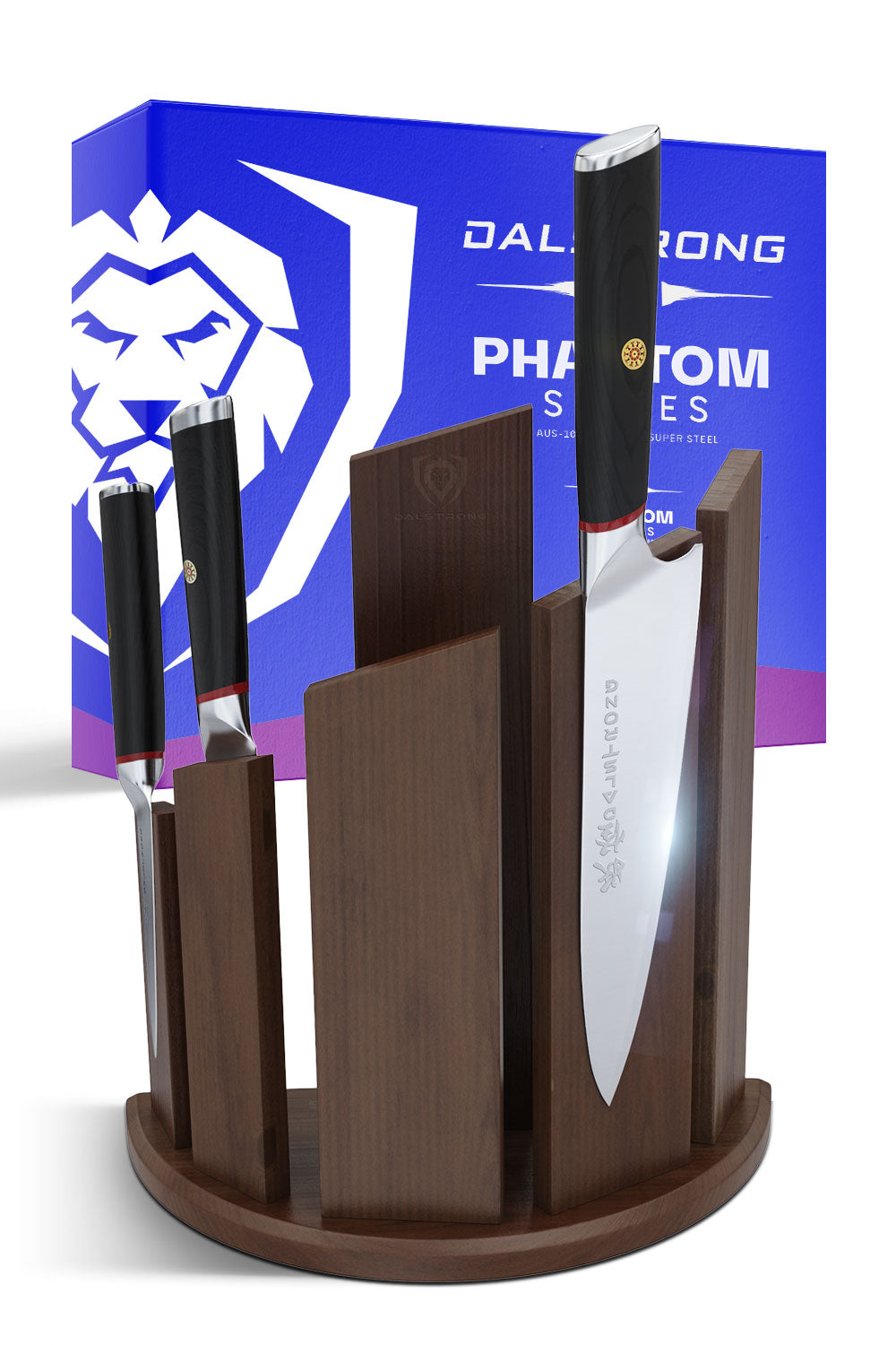 Dalstrong phantom series 6 piece knife set with dragon spire block in front of it's premium packaging.